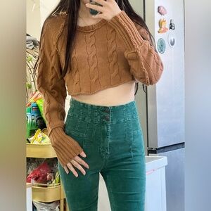 Sz S Free People 100% Cashmere Cable Knit Cropped Sweater in Brown